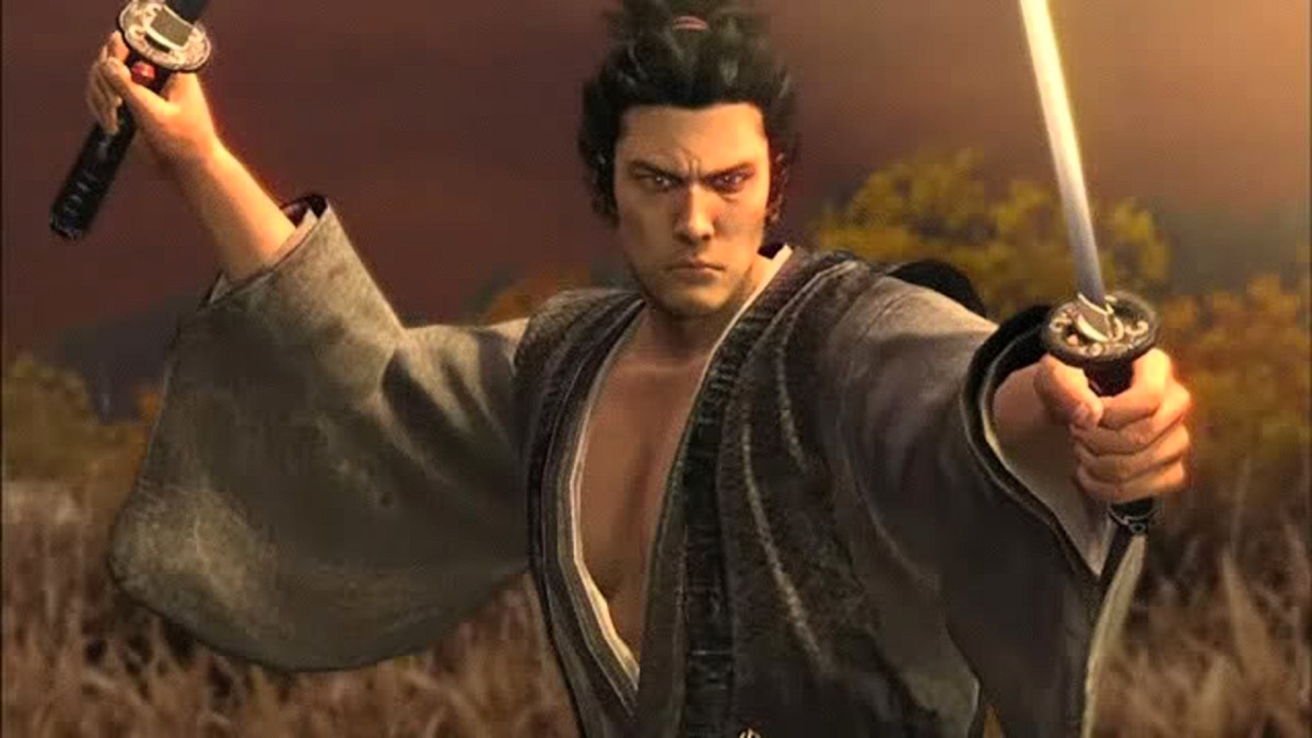 An animated Japanese man is brandishing two large swords